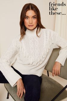 Friends Like These Ivory White High Neck Cable Knit Fringe Jumper (Q22613) | €57