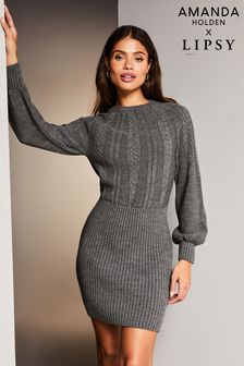 Lipsy Grey Blouson Sleeve Cable Knitted Crew Neck Jumper Dress (Q22616) | €51