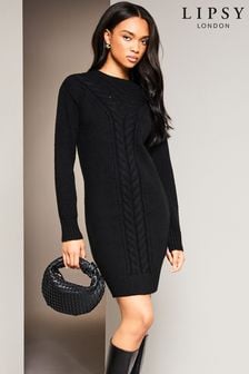 Lipsy Black Cosy Pointelle Crew Neck Knitted Jumper Dress (Q22618) | LEI 329