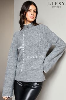Lipsy Grey Whipstitch High Neck Flute Sleeve Knitted Jumper (Q22627) | $68