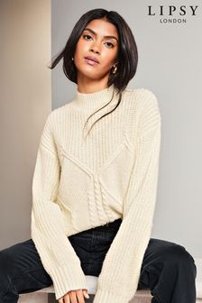 Lipsy Ivory White Cosy High Neck Rib Cable Knitted Jumper (Q22630) | kr680