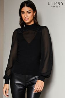 Czarny - Lipsy dzianinowy sweter z zabudowanym dekoltem i prześwitującą wstawką (Q22632) | 230 zł