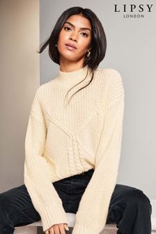 Lipsy Ivory White Petite Cosy High Neck Rib Cable Knitted Jumper (Q22724) | kr680