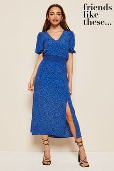 Friends Like These Cobalt Blue Puff Sleeve Ruched Waist V Neck Midi Summer Dress (Q22832) | €45