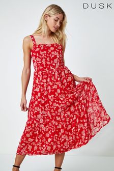 Dusk Red Floral Print Tiered Maxi Dress (Q22853) | $102