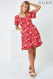 Dusk Red Floral Print Frill Hem Mini Dress (Q22856) | $69
