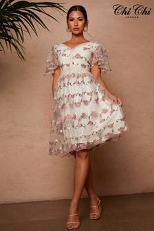 Chi Chi London White & Pink V Neck Floral Lace Midi Dress (Q22887) | €64
