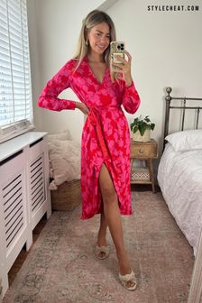 Style Cheat Pink/Red Fergie Reversible 2 in 1 Wrap Midi Dress (Q23230) | €35