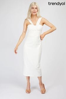 Biały - Dopasowana sukienka midi Trendyol z podwójnymi ramiączkami (Q23573) | 162 zł
