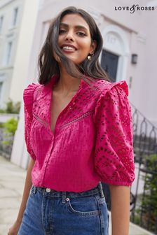 Love & Roses Pink Broderie Frill Neck Blouse (Q23637) | 163 QAR
