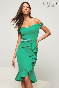 Lipsy Green Satin Bardot Bodycon Dress (Q23815) | ₪ 169