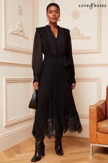 Love & Roses Black Petite Pleated Lace Hem Ruffle Long Sleeve Dress (Q24576) | kr896