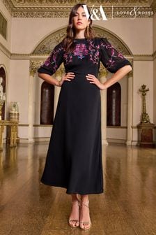V&A | Love & Roses Black Embroidery Embroidered Puff Sleeve Midi Dress (Q24577) | 356 QAR