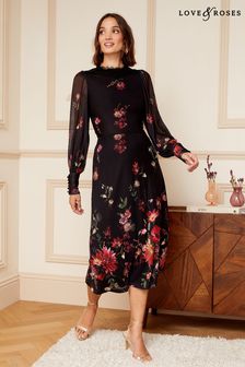 Love & Roses Black Floral Mesh Long Sleeve Column Midi Dress (Q24606) | OMR30