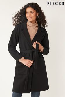 PIECES Black Tie Waist Wrap Coat (Q24738) | $99