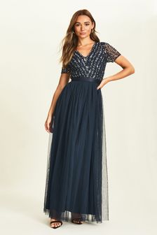 Donkerblauw - Maya - Chevron maxi-jurk met lovertjes (Q24848) | €119