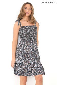 Brave Soul Black Ditsy Floral Print Strappy Shirred Dress (Q24912) | 16 €