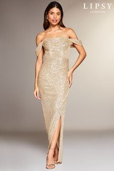 Lipsy Gold Petite Sequin Bardot Split Drape Maxi Dress (Q24941) | $188
