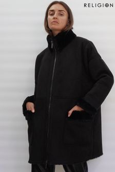 Religion Black Faux Sheepskin Radiant Zip Coat With Patch Pockets (Q24975) | SGD 327
