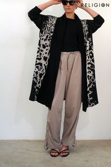 Religion Brown Long Line Soft Cotton Glitch Cardigan With Animal Pattern (Q24976) | 65 €