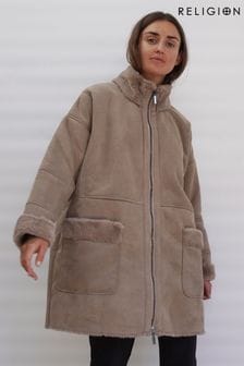 Religion Brown Faux Sheepskin Radiant Zip Coat With Patch Pockets (Q24977) | LEI 1,009
