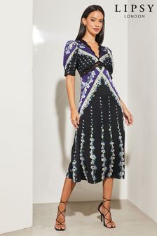 Lipsy Blue Print V Neck Short Puff Sleeve Lace Midi Dress (Q25134) | €40
