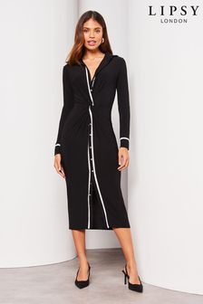 Lipsy Monochrome Jersey Long Sleeve Knot Front Shirt Dress (Q25138) | AED234