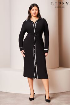 Lipsy Monochrome Curve Jersey Long Sleeve Knot Front Shirt Dress (Q25148) | 251 QAR