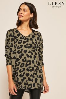 Friends Like These Khaki Green Leopard Animal Soft Jersey V Neck Long Sleeve Tunic Top (Q25233) | $40
