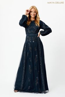 Maya Navy Blue Long Sleeve Lace Detail Embellished Modest Maxi Dress (Q25640) | AED751