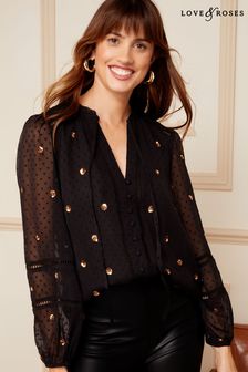 Love & Roses Black Embellished Ruffle Neck Lace Trim Long Sleeve Button Through Blouse (Q26059) | €30