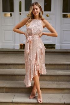 Style Cheat Gold Ariana Halter Frill Midi Dress (Q26130) | 43 €