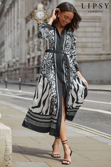 Lipsy Black / White Belted Long Sleeve Sleeve Maxi Shirt Dress (Q26135) | $80