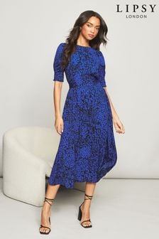Lipsy Blue Animal Puff Sleeve Tie Waist Summer Midi Dress (Q26136) | 33 €