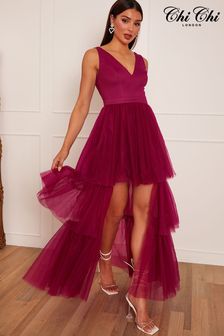 Chi Chi London Red V Neck Tiered Tulle Dip Hem Dress (Q26233) | LEI 633