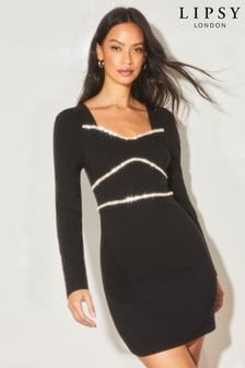 Lipsy Black Long Sleeve Diamonte Trim Mini Dress (Q26666) | €42