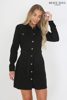 Brave Soul Black Long Sleeve Corduroy Button Through Mini Dress (Q26880) | €28