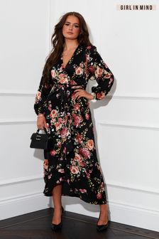 Girl In Mind Black Floral Petite Long Sleeve Wrap Midi Dress (Q26993) | €36