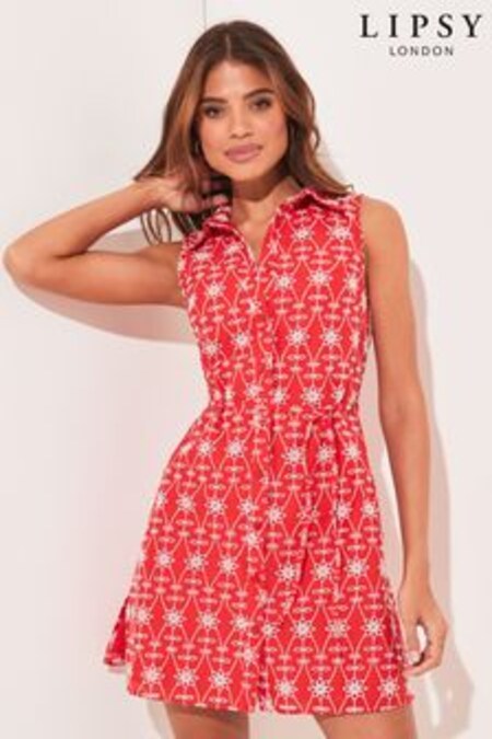 Lipsy Red Broderie Sleeveless Tie Waist Mini Shirt Dress (Q27048) | €50