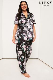 Lipsy Black Curve Curve Short Sleeve Satin Trouser Pyjama Set (Q27304) | INR 5,305