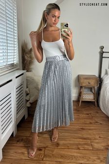 Style Cheat Silver Demi Belted Pleated Midi Skirt (Q27306) | 142 zł