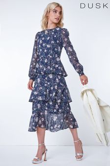 Dusk Blue Floral Print Ruffle Maxi Dress (Q27358) | 47 €