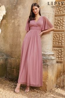 Różowy - Odcinana pod biustem sukienka maxi z kolekcji ślubnej Lipsy z krótkim rękawem (Q27764) | 498 zł