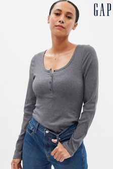 Gap Grey Ribbed Henley Button Long Sleeve Scoop Neck T-Shirt (Q28293) | €34