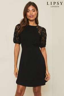 Lipsy Black Lace Jersey Underbust Puff Sleeve Mini Dress (Q28435) | €18