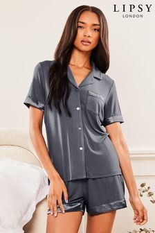 Lipsy Grey Jersey Satin Button Through Short Pyjamas (Q28746) | ₪ 113