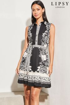 Lipsy Black/White Sleeveless Tiered Belted Holiday Shop Shirt Dress (Q28759) | €54