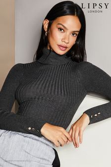 Lipsy Charcoal Grey Knitted Roll Neck Ribbed Button Detail Long Sleeve Jumper (Q28949) | LEI 202