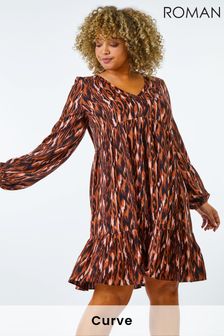 Roman Brown & Orange Curve Animal Print Tiered Tunic Dress (Q29495) | 51 €