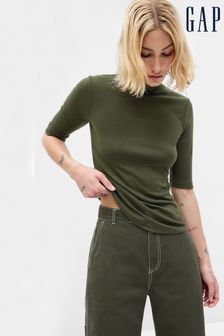 Grün - Gap Geripptes T-Shirt mit Stehkragen, kurzen Ärmeln und Streifen (Q29589) | 34 €